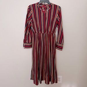 Multi-colored striped midi dress with pearl embellishment